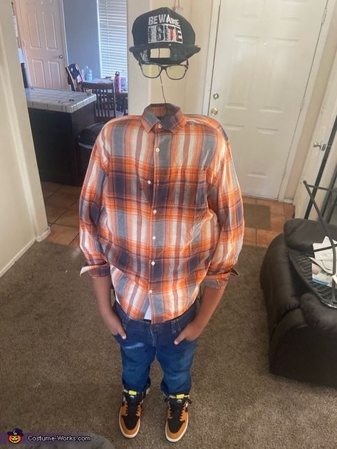 The Invisible Man Costume Headless Man Costume For Kids, Simple Boys Halloween Costumes, Simple Boys Costumes, Invisible Man Diy Costume, How To Make Headless Halloween Costume, Men Superhero Costumes, Deku Costume Diy, Homemade Boys Costumes, Invisible Man Costume How To Make An