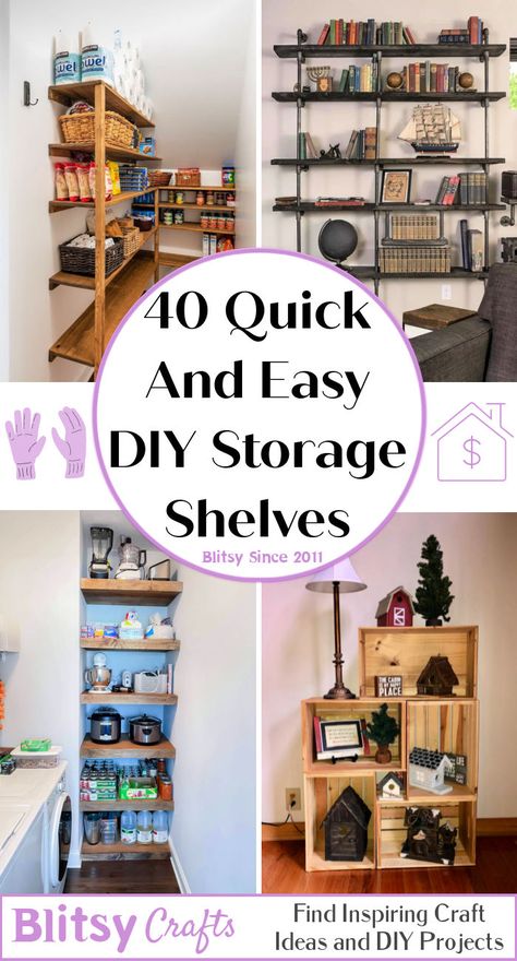 40 Quick And Easy DIY Storage Shelves Diy Rack Shelf Storage Ideas, Diy Floor Shelf Ideas, Diy Free Standing Shelves, Diy Home Shelves, Diy Wall Storage Ideas, Easy Diy Shelves, Shoe Storage Shelving, Diy Shelves Easy, Bedroom Declutter