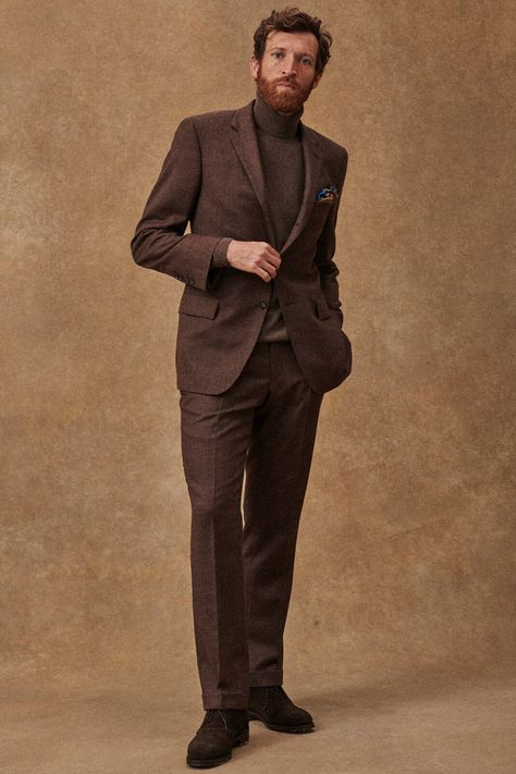 Monochrome Brown Outfit Men, Turtleneck Suit Men Wedding, Turtleneck Suit Outfit Men, Suit Turtleneck Men, Turtleneck Suit Men, Boots With Suits Men, Men Suits Aesthetic, Chocolate Brown Suits For Men, Brown Turtleneck Outfit Men