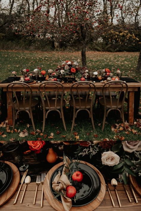 Fall Wedding Spooky, Backyard Halloween Wedding Ideas, Fall Gothic Wedding Ideas, Spooky Halloween Wedding Ideas, Fall Wedding Halloween, Dark Fall Themed Wedding, Witchy Backyard Wedding, Fall Halloween Wedding Colors, Woodsy Gothic Wedding