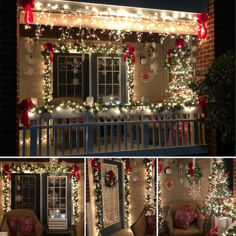 Christmas Lights Patio Apartment, White And Red Christmas Lights Outside, Outdoor Christmas Decorations Apartment, Christmas Decor For Balcony, Apartment Outdoor Christmas Decor, Small Patio Christmas Decor, Christmas Decorations For Balcony, Apartment Christmas Lights, Apartment Balcony Decorating Christmas