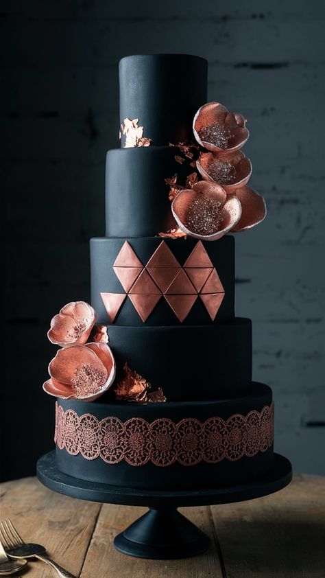 Modern Aesthetic: Matte Black Multi-Tiered Cake with Copper Detailing Aesthetic Black Birthday, Black Cake Aesthetic, Birthday Cake Aesthetic Black, Birthday Cake For Women Elegant, Black And Gold Cake, Lace Stencil, 15th Birthday Cakes, Black And Gold Wedding, Striped Cake