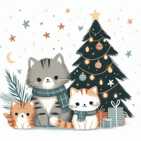 Christmas Goodnight, Christmas Decorations Drawings, Minimalistic Boho, Wallpaper Gatos, Christmas Critters, Cute Cat Illustration, Christmas Pics, Christmas Phone Wallpaper, Christmas Card Art