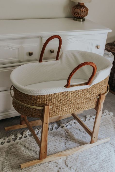 Bassinet And Crib, Moses Basket Rocking Stand, Moses Bassinet With Stand, Wicker Moses Basket, Rocking Moses Basket, Moses Basket Living Room, Nursery With Bassinet, Boho Bassinet Nursery, Nursery Moses Basket