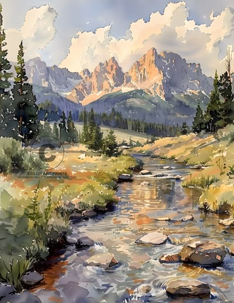 Oil Landscapes Paintings, Greenery Landscape Painting, Watercolor Art Ideas Landscape, Acrylic Paint Landscape, Mountains Oil Painting, Watercolor Collage Art, Iowa Painting, Montana Painting, Mountains Artwork