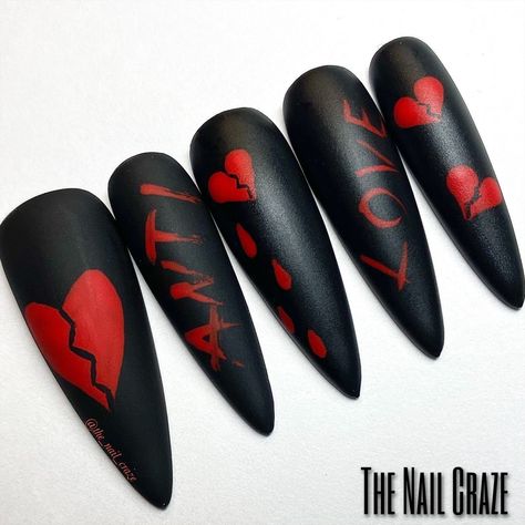 Salon Quality Press On Nails Made In Mind For The On The Go, Fashionable or Fly Individual That Needs An Extra Touch For Their Everyday Or That Fabulous Night Out. Welcome the The Nail Craze! I hope to have you in one of my creations soon! Set Includes: * 10 Nails - Black & Red w/ Anti Valentine accent * Matte finish  * Instructions + Essentials: Alcohol Prep Pad, Orange Wood Stick, Glue, Mini Buffer, Mini File   * Set Pictured: Long Stilleto  SIZES:  XS - 3,7,6,7,9 S - 2,6,5,6,9 M - 1,5,4,5,8 L Vampy Valentines Nails, Valentines Day Nails Pointy, Heart Break Nails, Matte Black Valentines Nails, Hate Valentines Day Nails, Anti Valentines Day Nails Acrylic, Witchy Valentines Nails, Valentines Day Nails Red And Black, Anti Valentine’s Day Nails