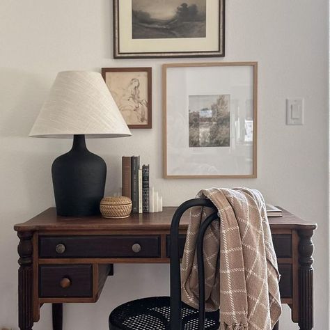 Catrina Sivula on Instagram: "I just couldn’t wait to share this antique desk I thrifted this morning! I planned to sand it down to get rid of the two tone stain, but it’s actually growing on me a bit. What do you guys think? Sand and re-stain it or leave it be? #hyggehome #cozyhome #transitionalhome #smallhouseliving #targetstyle @targetstyle #loloirug @loloirugs #fixerupper #homerenovation #homedecor #homeremodel #vintageart #vintagehome #cottagecore #homeinspo #interiordesign #howwedwell #d Style Desk Ideas, Desk In Foyer, Antique Desk Decor, Vintage Desk Decor, Vintage Wood Desk, My Hospital Bag, Antique Desks, Desk Bedroom, Desk Styling