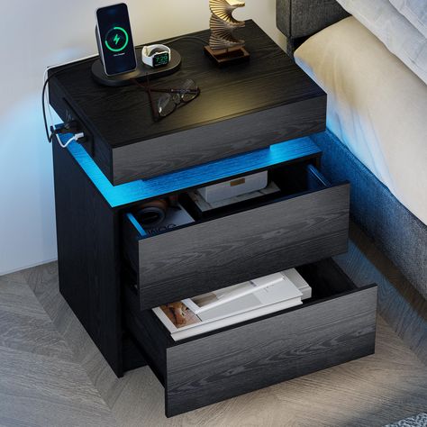 Modern Black Nightstand, Black Nightstand, Wake Up In The Morning, Bedroom Essentials, Night Stand, Bedside Tables, Floor Space, Charging Station, Small Bedroom