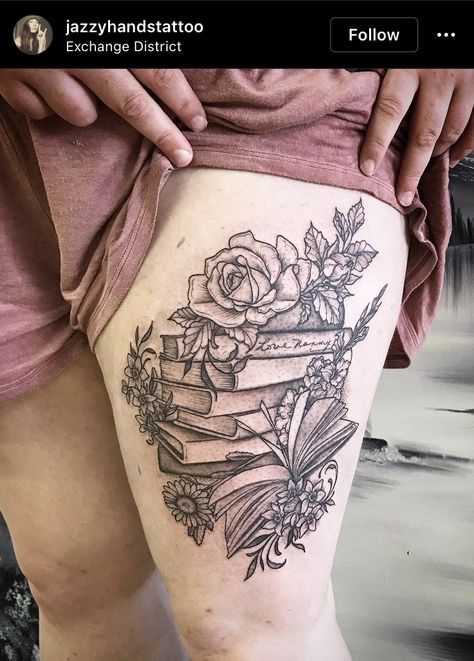 Book Tattoo With Mountain, Tattoo Art Inspiration, Moon And Book Tattoo, Book Tattoo On Thigh, Book Tattoo Half Sleeve, Skulls And Books Tattoos, Thigh Book Tattoo, Book Skull Tattoo, Book Tattoo Thigh