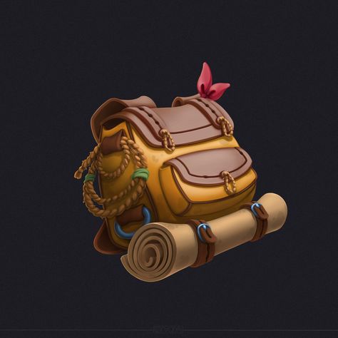 Backpack Reference, Fantasy Backpack, Stone Game, Adventure Bags, Bag Illustration, Game Props, Low Poly Art, Shop Illustration, Game Illustration