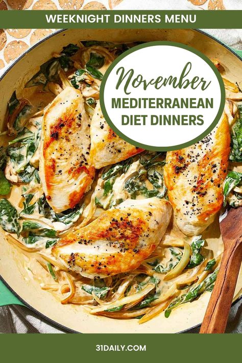 With Thanksgiving next week, we're maximizing good-for-you foods in this week's November Mediterranean Diet Dinners meal plan. Filled with hearty foods and delicious flavors, these meals are mostly ready in 30 minutes and feature November-perfect ingredients. Mediterranean Diet Ingredients, November Recipes Easy, Mediterranean Diet Thanksgiving Recipes, November Recipes Dinner, November Dinner Recipes, Healthy November Recipes, Fall Mediterranean Recipes, Mealtrain Meals, November Meal Plan