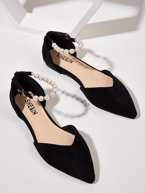 Faux Pearl Beaded Point Toe Ankle Strap Flats | SHEIN USA قلادات م�تدلية, Fancy Sandals, Indian Shoes, Strap Flats, Fashion Shoes Heels, Cute Shoes Heels, Shoes Heels Classy, Fashion Shoes Sandals, Classy Shoes