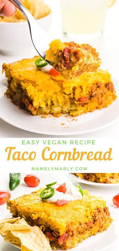 Looking for yummy comfort food? This quick and easy vegan Taco Cornbread Casserole is the way to go! Serve this tasty Mexican casserole with tortilla chips, guac, and salsa on the side! #tacocornbread #veganrecipes #namelymarly #vegancasserole #tacocasserole Vegan Taco Bake, Vegetarian Cornbread Casserole, Vegan Mexican Cornbread, Vegan Mexican Dinner Recipes, Vegan Mexican Bread, Easy Vegan Comfort Food, Vegan Mexican Meals, Easy Vegan Comfort Food Recipes, Vegan Cornbread Casserole