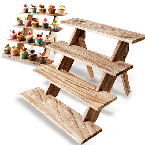 PRICES MAY VARY. The Wood Cupcake Stands is made of premium natural wood, solid pieces of wood that hold well in place and is super durable, Sturdy - doesn’t wobble at all! Easy To Assemble and Breakdown: Anyone can install the wooden cupcake holder in 3 minutes following the piece instructions without any tools, and it can be disassembled at any time, which will be very convenient for you SIZE: The rustic wood display stand has 4 tiers and fits anywhere. After assembly, the dimensions are: Leng 3 Tier Cupcake Stand Diy Rustic Wood, Rustic Cupcake Stands For Weddings, Outdoor Food Table Display, Diy Tiered Shelf, Rustic Wood Cupcake Stand, Party Favor Display, Baby Shower Food Display, Wooden Cupcake Stands, Rustic Cupcake Stands