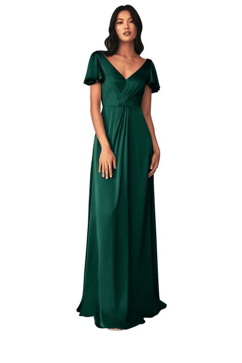 Look elegant and youthful while wearing our Soren dress. Made from our luxurious stretch satin, this bridesmaid dress features a V-neckline bodice with delicate flutter sleeves and a pleated twist detail. Her full length, A-line skirt makes this dress sophisticated and comfortable. Dark Green Bridesmaids Dress, Modest Fancy Dresses, Bridesmaid Dress Sleeves, Bridesmaid Dresses Emerald Green, Emerald Satin Dress, Emerald Bridesmaid Dress, Emerald Bridesmaid, Patterned Bridesmaid, Bridesmaid Dresses Modest