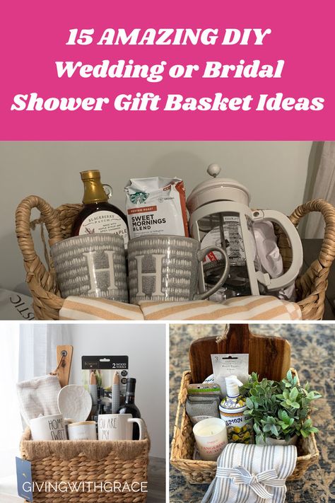 15 amazing diy wedding or bridal shower gift basket ideas Engagement Gifts For Couples Baskets, Wedding Shower Gift Basket Ideas, Bridal Shower Gift Ideas For The Bride, Bridal Shower Basket Ideas, Diy Gifts For Bride, Bridal Shower Gift Basket Ideas, Wedding Shower Gift Ideas, Wedding Shower Gifts Basket, Shower Gift Basket Ideas