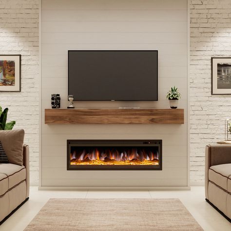 Symple Stuff Dajerin 50'' W Electric Fireplace | Wayfair Electric Fireplaces With Mantel, In Wall Fireplace Electric, Recessed Tv Over Fireplace, Living Room With Electric Fireplace, Fireplace Shelving, Electric Fireplace Inserts, Electric Fireplace Living Room, Electric Fireplace With Mantel, Electric Fireplace Mantle