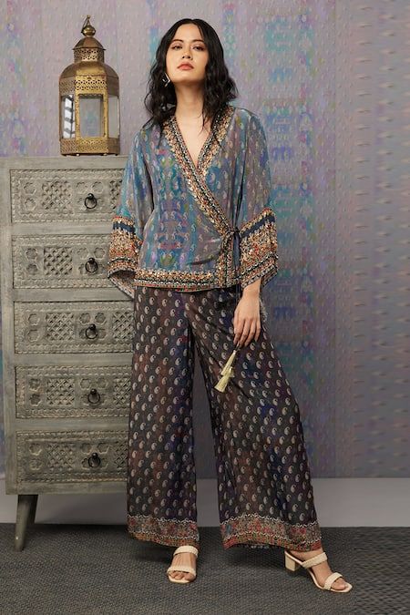 Buy Multi Color Crepe Print And Embroidery Angrakha Style Top & Palazzo Set For Women by Soup by Sougat Paul Online at Aza Fashions. Dressing Trends For Women, Cotton Kurta Set Designs Women Casual, Trending Kurta Designs Women, Latest Trending Kurti Designs, Latest Kurta Sets For Women, Stylish Kurti Designs Latest, Embroidery Paisley, Sougat Paul, Work Profile