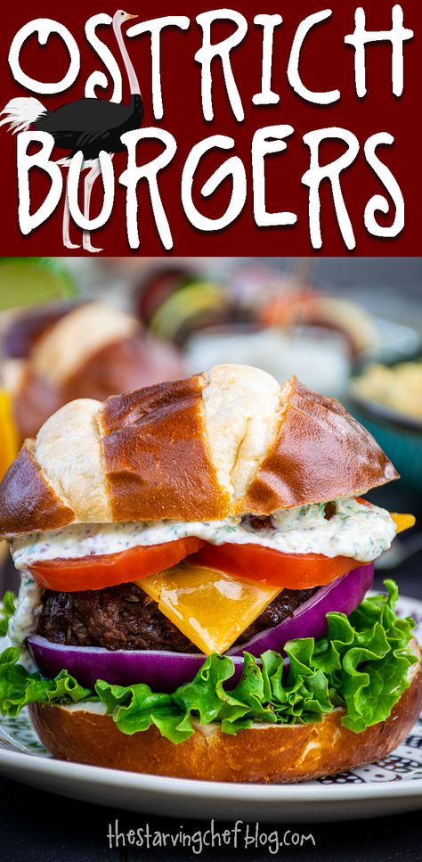 Ostrich Burger Recipes, Ostrich Recipes Meals, Ostrich Meat Recipes, Ostrich Recipes, Ostrich Meat, Burger Patty Recipe, Homemade Mustard, Healthy Sandwich Recipes, Burger Night