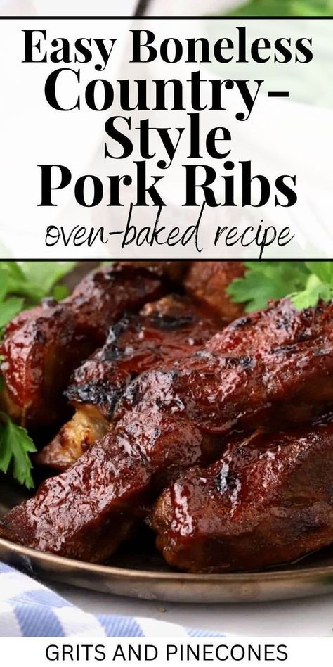 Boneless country-style pork ribs are an easy, delicious option for dinner this summer. Whether you’re craving a hearty meal on a quiet night in or planning a backyard barbecue with friends and family, these oven-baked ribs are sure to satisfy. Try this simple method and enjoy the most flavor-packed pork ribs ever! Bbq Pork Country Style Ribs Oven Baked, Boneless Southern Style Pork Ribs, Boneless Rib Recipes, Country Ribs Oven Boneless, Boneless Bbq Ribs In The Oven, Boneless Country Style Ribs In Oven, Pork Country Style Ribs Recipes, Boneless Pork Rib Recipes, Pork Country Style Ribs Oven