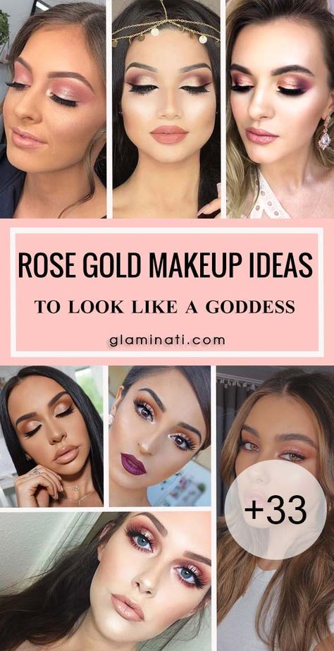 Rose Gold Makeup For Brown Eyes, Make Up For Rose Gold Outfit, Makeup Look For Rose Gold Dress, Rose Gold Makeup Ideas, Bridesmaid Makeup Rose Gold, Rose Gold Eyeshadow Looks Step By Step, Rose Gold Dress Makeup Look, Gold And Pink Makeup Looks, Wedding Makeup Rose Gold