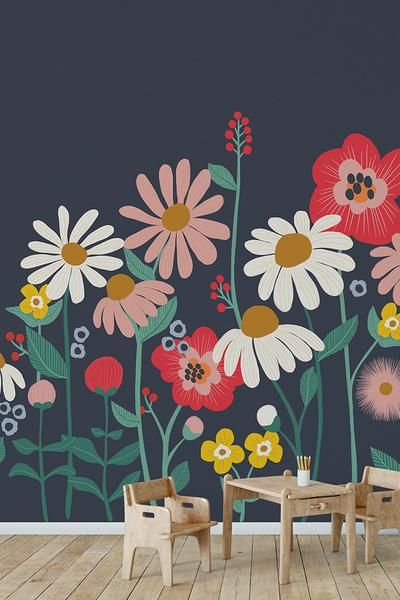 Floral Painted Wall Mural, Easy Murals To Paint On Walls, Wall Painting For Garden, Wall Flowers Painting, Kids Flower Mural, Mural Art Flowers, Flowers Wall Painting Ideas, Mural Flowers Wall, Easy Murals To Paint Outside