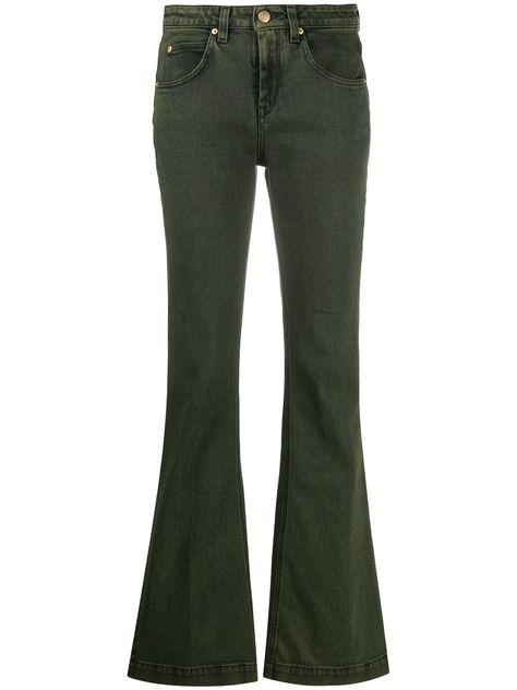 Dark green stretch cotton mid-rise flared jeans from L'AUTRE CHOSE featuring flared design, mid-rise, logo patch to the rear, belt loops, zip fly fastening and classic five pockets. Green Flare Jeans, Green Flare Pants, Flare Pants Jeans, Jeans Polyvore, Jeans Png, Oc Au, Dark Green Jeans, Polyvore Png, Rise Logo