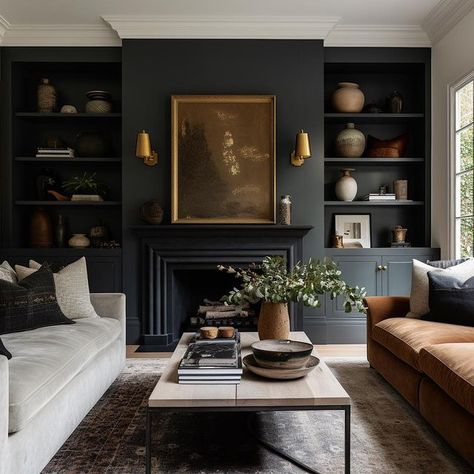 Wind The Key | Loving every bit of this gorgeous modern farmhouse living room! Design: @windthekey Click the link in our bio to visit our blog… | Instagram Dark And Cosy Living Room, Blue Built Ins Fireplace, Moody Den Colors, Moody Living Room Fireplace, Brown Painted Fireplace, Blue And Brown Interior Design, Tv Next To Fireplace Ideas, Moody Small Living Room, Lounge Living Room Ideas