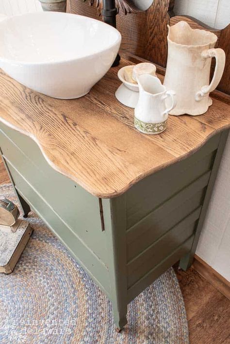 Are you interested in a repurposed dresser converted to bathroom vanity with a vessel sink? You're in luck! That's our tutorial today! #repurposedfurniture #repurposedvintage #dressermakeover #paintedfurniturelove Mint Bathroom Vanity Paint Colors, How To Make A Bathroom Sink Out Of A Dresser, Dresser Into Sink Vanity, Furniture Sink Vanity, Convert Dresser To Bathroom Vanity, Dresser Sink Vanity Diy, Dresser To Vanity Bathroom, Dresser Bathroom Sink, Dresser In Bathroom