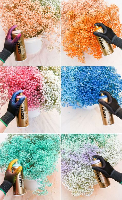 Spray Painted Baby Breath Centerpieces, Colorful Flower Party Decor, Flower Spray Paint, Spray Painting Flowers, Spray Paint Dried Flowers, Cool Backdrop Ideas, Floral Baby Shower Centerpieces, Colored Baby Breath, Colored Babies Breath