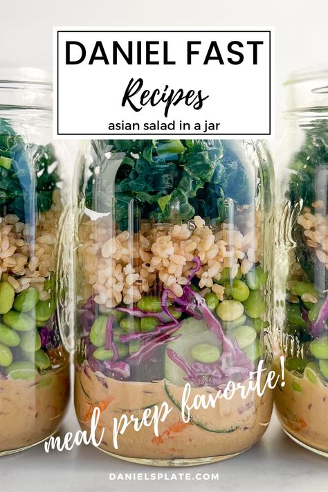 Doing the Daniel Fast? Consider meal-prepping this delicious and healthy salad for lunch or dinner. This Asian Salad in a Jar is the sister to the meal prep OG, Southwestern Salad in a Jar. Made with a flavor-packed peanut sauce, this salad-in-a-jar recipe is delicious, filling, healthy, and gluten-free. Peanut allergy? Use this Sweet and Tangy Sunflower Butter Sauce instead. Check out this and other Daniel Fast recipes here... Daniel Fast Salads, Healthy Salad For Lunch, Daniel Diet Recipes, Vegan Peanut Sauce, The Daniel Fast, Daniel Diet, Salad Jars, Healthy Lunch Salad, Southwestern Salad