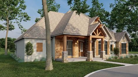 Vaulted Porch, Craftsman Home Exterior, Kitchen With Large Island, Grilling Porch, One Story House, Floor Plans Ranch, French Country House Plans, House Plans One Story, Shingle Exterior