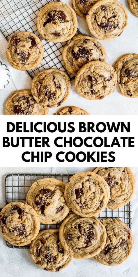 Learn how to make brown butter chocolate chip cookies with this easy recipe! The rich, nutty flavor of browned butter transforms traditional chocolate chip cookies into a decadent dessert. Crispy edges and a soft, chewy center loaded with chocolate chips make these cookies the perfect treat. If you're a fan of chocolate chip cookies, you have to try this delicious variation! Brown Butter Chocolate Chip Cookies Ambitious Kitchen, Bake The Perfect Chocolate Chip Cookie, Chocolate Chip Swirl Cookies, Roll House Chocolate Chip Cookies, Chocolate Chip Cookies Recipe Crispy, Peanut Butter Cookies Homemade, Best Brown Butter Chocolate Chip Cookie Recipe, Brown Butter Chocolate Chip Cookies No Chill, Brown Butter Miso Chocolate Chip Cookies