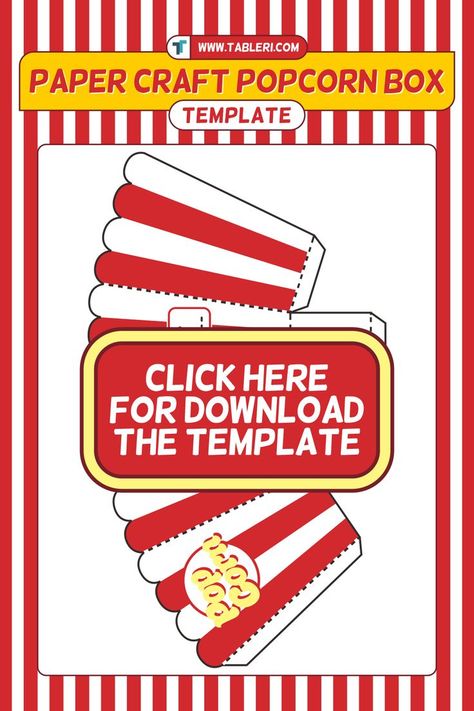 Watching movie is alway acompany by popcorn! Watch this video to make paper craft popcorn box! Click this pin to download the template. Free Printable Popcorn Boxes, Popcorn Cups Diy, Popcorn Containers Diy, How To Make A Popcorn Box Out Of Paper, Popcorn Box Template Printable Free, Printable Popcorn Box Template, Free Popcorn Printables, Popcorn Template Free Printable, Popcorn Decorations Diy