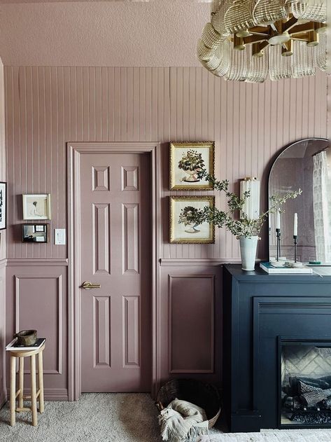 Color Drenching, Art Above Bed, Inspire Me Home Decor, Modern Cottage, Rooms Reveal, Pink Paint, Pink Walls, Guest Bedrooms, Wainscoting