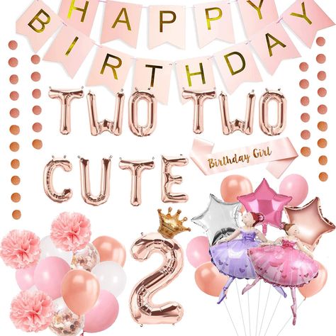 PRICES MAY VARY. What you’ll get: TWO TWO CUTE letter balloons, 1 happy birthday banner, Birthday Girl sash, number 2 big foil balloon, 1 small crown balloon, 1 long rose gold dots garland, 3 star balloons, 2 ballet girls balloons, 3 paper pom poms, 14 latex balloons(4 colors). Size: The TWO TWO CUTE letter balloons are 16inch. The number 2 foil balloon is 32inch. The rose gold dots garland is 4 meters long. The star balloons are 18inch. The ballet girls balloons are 104x65.5cm. The paper pom po