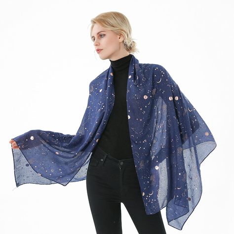 Winfox 2019 New Fashion Navy Star Moon Foil Gold Glitter Echarpe Foulard Scarf Hijab Shawl Women Idee Cosplay, Mode Chic, Drawing Clothes, Shawl Wrap, Fantasy Clothing, Fantasy Fashion, Character Outfits, Mode Inspiration, Fesyen Wanita