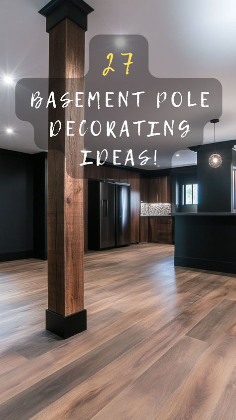 Tired of plain basement poles? Click to discover 27 innovative ideas to turn your basement poles into stylish decor elements. 🎨🏠 #BasementDecor #PoleDecorating #HomeStyle #CreativeInteriors #DecorIdeas Basement Post Ideas Columns, Basement With Wood Ceiling, Basement Poles Covers, Wrap Basement Pole, Basement Remodel Ideas With Bedroom, Exposed Beam Basement, How To Hide A Pole In The Basement, Lolly Column Ideas, Basement With Support Poles