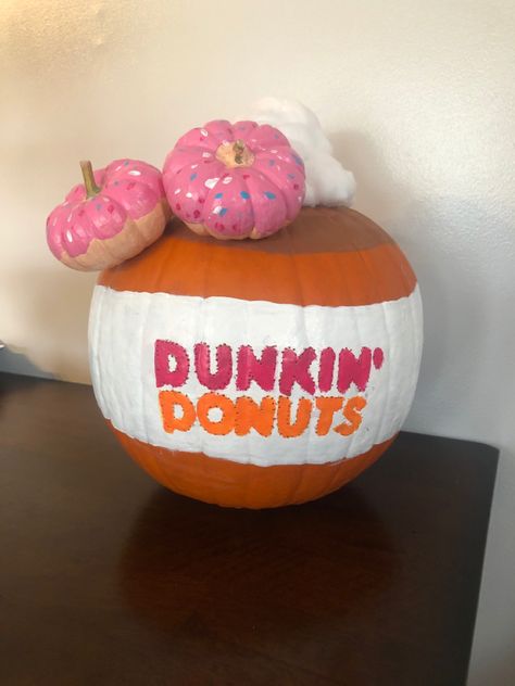 Painted Dunkin Donuts latte pumpkin. Dunkin Donuts Painted Pumpkins, Painting Pumpkins Creative, Dunkin Donuts Pumpkin Decorating, Doughnut Pumpkin Painting, Dunkin’ Donuts Pumpkin, Coffee Pumpkin Decorating, Donut Painted Pumpkin, Painted Pumpkin Ideas Creative Funny, Starbucks Pumpkin Painting