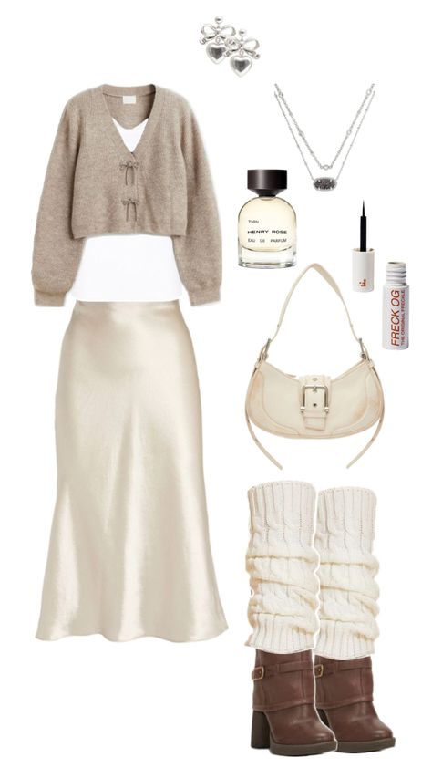 Cashmere cardigan with long silk skirt, all neutrals, brown boots with long white sock covers scrunched over Silk Skirt And Cardigan Outfit, Silk Skirt Sweater Outfit, Silk Skirt And Sweater, Cardigan Skirt Outfit, Skirt And Cardigan Outfit, Fall Neutrals, Grey Cardigan, Cardigan Outfits, Silk Skirt