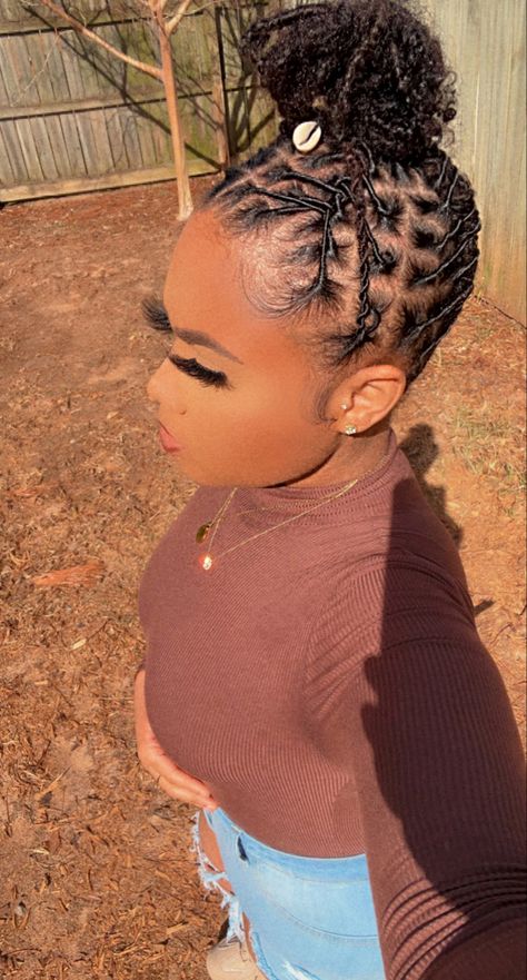 Loc styles Loc Ponytail With Curls, Loc Updo Bun Styles, High Pony Loc Styles, Loc Pinups Styles, Short Dread Styles Updo, Starter Locs Ponytail Styles, Starter Locs Styles Updo, Space Bun Loc Style, Loc Styles On Women