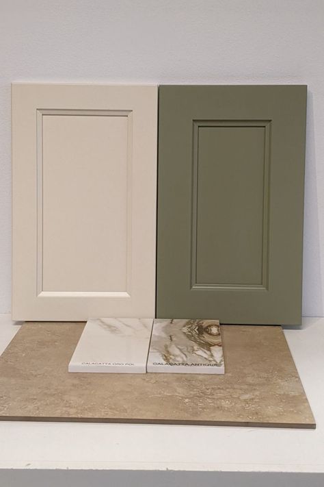 Monday Designer Board - Sage and Cream. Our showroom manager picked out this combination today. Bellmont Cabinet Company's Icon and Whitney Doors in Biscuit and Amazon plus Bedrosian's Sequel Quartz in Oro and Antique. #DesignerBoard #BellmontCabinetCompany #Bedrosians Cream Green And Wood Kitchen, Biscuit Kitchen Cabinets, Cream And Green Cabinets, Olive Color Cabinets, Cream Kitchen Green Walls, Off White And Green Kitchen Cabinets, Moss Green Island Kitchen, Olive And Gold Kitchen, Sage Green Two Tone Kitchen