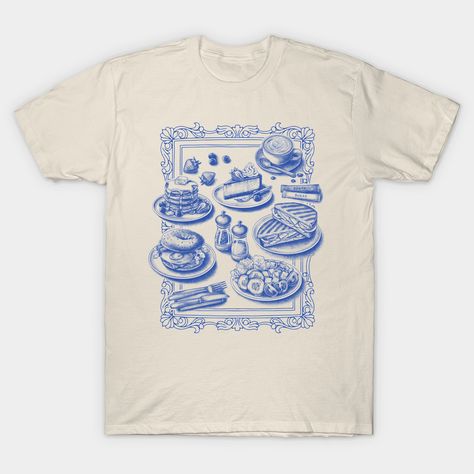 Vintage toile illustrations of delicious cafe foods and desserts. -- Choose from our vast selection of Crewneck and V-Neck T-Shirts to match with your favorite design to make the perfect graphic T-Shirt. Pick your favorite: Classic, Boxy, Tri-Blend, V-Neck, or Premium. Customize your color! For men and women. Barista T Shirt, Coffee Shop Tshirts, Restaurant Merch Design, Coffee Shop Tshirt, Bakery Merch, Coffee Shop Merch, Cafe Merch, Cafe Merchandise, Coffee Shop Shirt