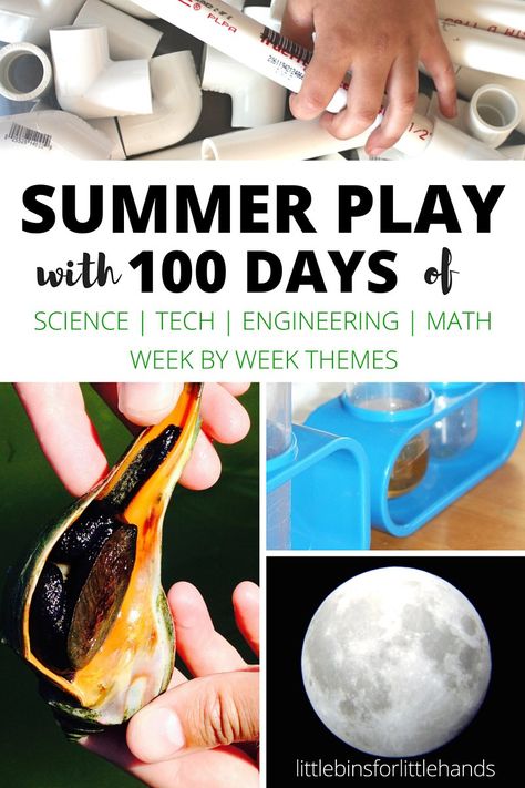 100 days of summer STEM and science activities for kids! Weekly science and STEM themes for families, camp counselors, and teachers to use for kids in preschool, kindergarten, and grade school. Easy indoor science and outdoor science ideas using inexpensive supplies. Hands on learning and play with fun science activities and STEM projects. Includes LEGO challenges, physical sciences, shark week, chemistry, Independence day, ocean and space activities, edible food science, engineering, and te... Stem Themes, 100 Days Of Summer, Science Summer Camp, Summer Stem Activities, Stem Summer Camp, Outdoor Science, Science Magic, Stem Camp, Summer Stem