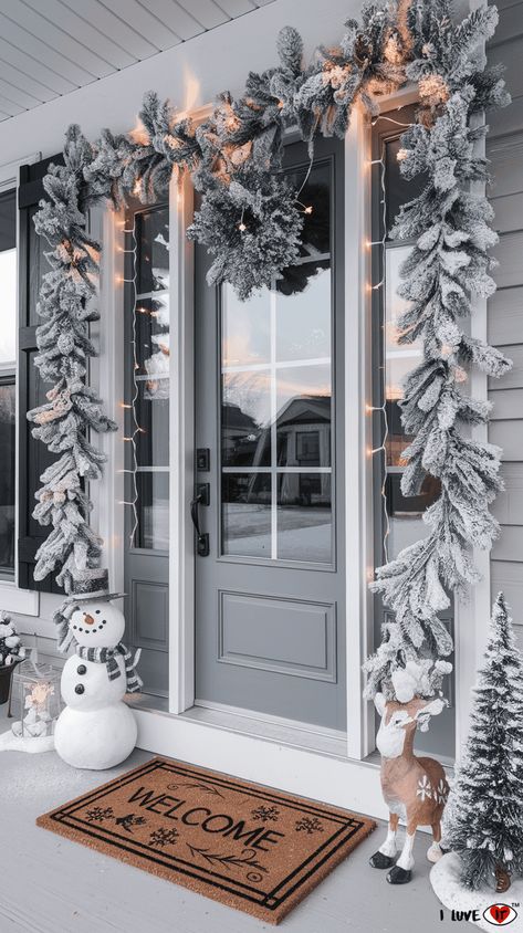 Open Porch Christmas Decor, Farmhouse Winter Porch Decor, January Front Porch Decor, Front Porch Colonial, Winter Porch Ideas, Welcome January, Winter Front Door Decor, Winter Outdoor Decorations, Outdoor Winter Decor