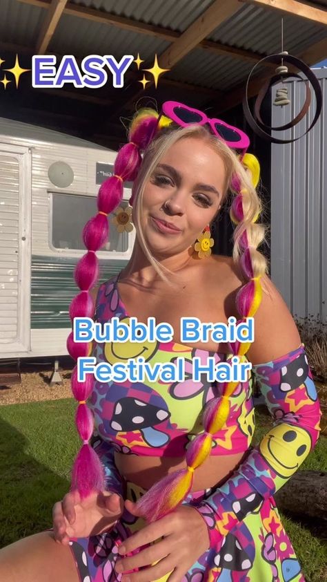 How to do festival bubble braids tutorial 💓 #festivalhair #hairtutori... | TikTok Rave Braids Tutorial, Rave Braids Festival Hair, Braids Festival Hair, Braids Festival, Rave Braids, Festival Braids, Braids Tutorial, Rave Hair, Bubble Braids