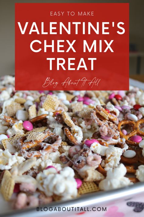 Make this easy sweet Valentine's Chex Mix Treat this Valentine's! The perfect mix of sweet and salty! More Valentine's recipes on the blog at BlogAboutItAll.com Chex Mix Recipes Sweet, New Years Eve Snacks, Chex Recipes, Party Mix Snacks, Treat Board, Popcorn Mix, Valentines Treats, Valentines Snacks, Puppy Chow Recipes