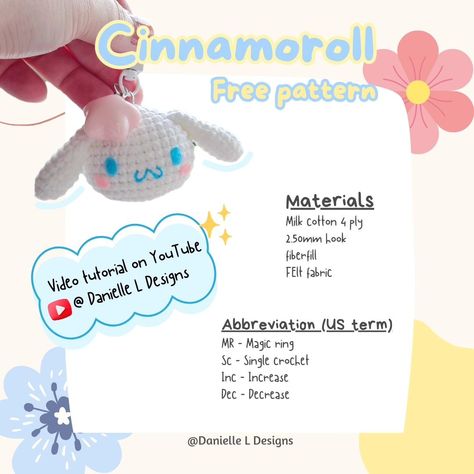 cinnamoroll crochet pattern • Instagram Cinnamoroll Crochet Keychain, Crochet Cinnamoroll Keychain, Cinamoroll Crochet Pattern, Cinnamoroll Crochet Pattern Free, Crochet Cinnamoroll Free Pattern, Cinnamoroll Crochet Pattern, Crochet Patterns Keychain, Crochet Cinnamoroll, Crochet Grandma