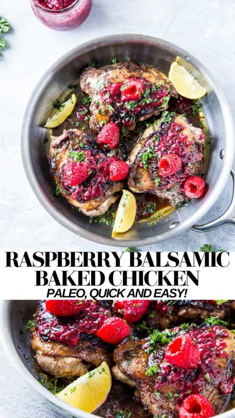 Raspberry Recipes Healthy, Raspberry Chicken, Balsamic Chicken Thighs, Balsamic Vinegar Recipes, Walnut Chicken, Balsamic Recipe, Healthy Dinner Recipe, Raspberry Recipes, Balsamic Chicken