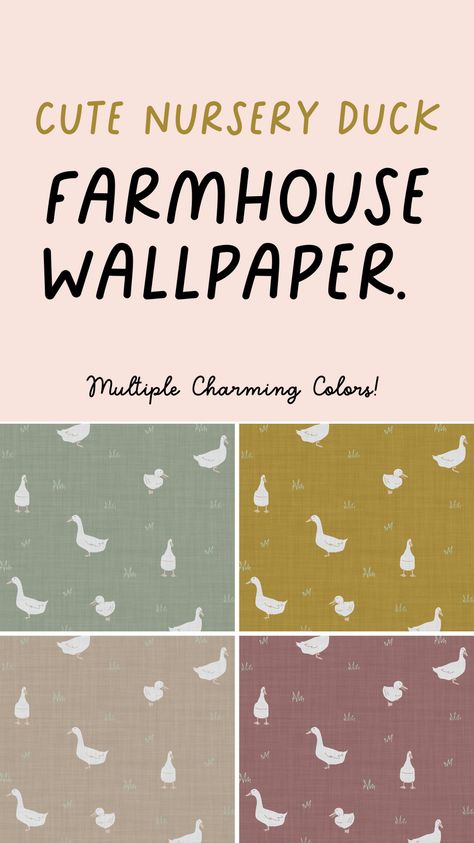 Ready to create a serene calming room for your little one? This farmhouse duck collection is ideal for anyone seeking one-of-a-kind interiors for nurseries or playrooms.  Renter friendly and can be removed! Available at Spoonflower in peel & stick, grass cloth, pebble, and traditional pasted wallpapers & Metallic wallpapers! Wallpaper Nursery Girl, Wallpaper Farmhouse, Metallic Wallpapers, Duck Nursery, Duck Collection, Calming Room, Farmhouse Wallpaper, Childcare Business, Grass Wallpaper